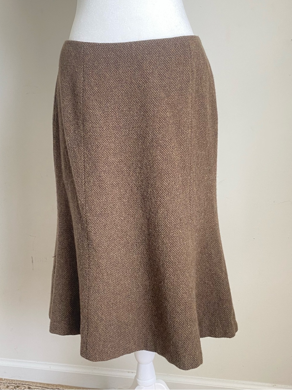 L Ralph Lauren Tweed Flare 90% Wool Tulip Midi Skirt Poetcore Herringbone Sz 8